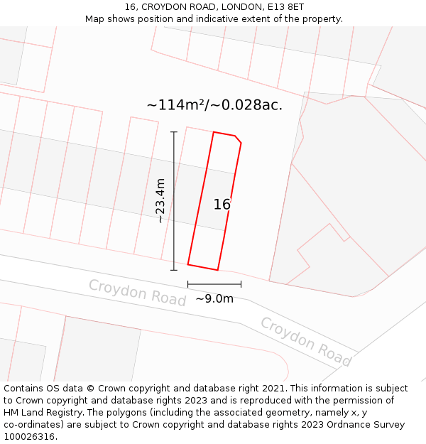 16, CROYDON ROAD, LONDON, E13 8ET: Plot and title map