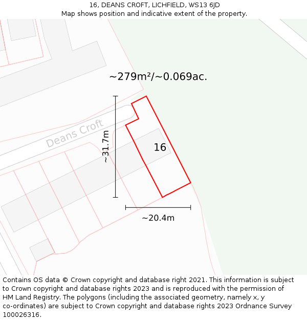 16, DEANS CROFT, LICHFIELD, WS13 6JD: Plot and title map
