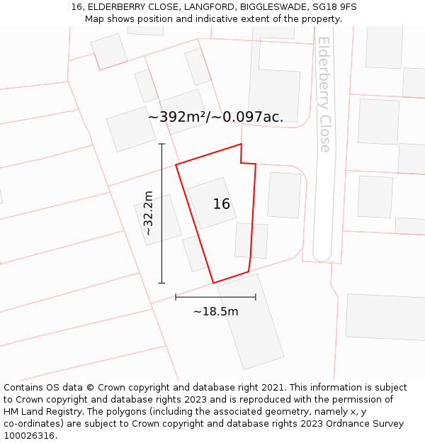16, ELDERBERRY CLOSE, LANGFORD, BIGGLESWADE, SG18 9FS: Plot and title map