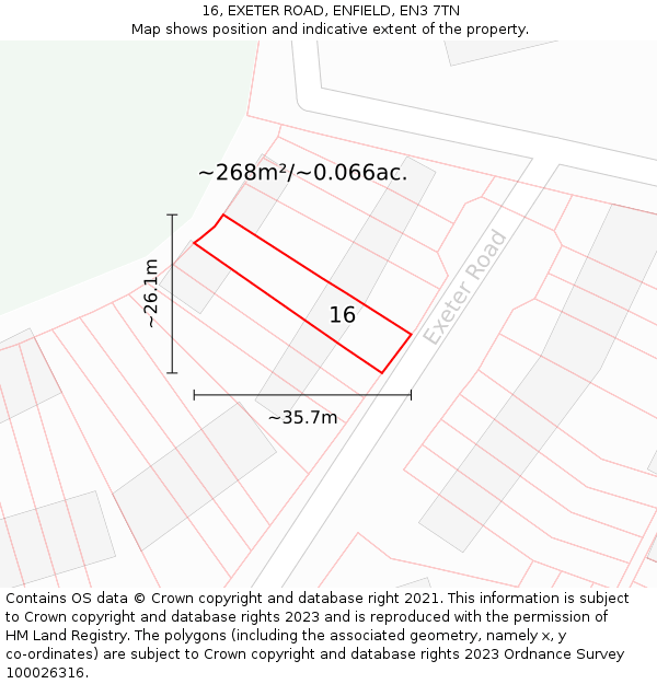 16, EXETER ROAD, ENFIELD, EN3 7TN: Plot and title map