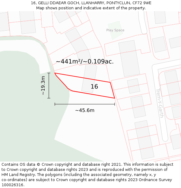 16, GELLI DDAEAR GOCH, LLANHARRY, PONTYCLUN, CF72 9WE: Plot and title map