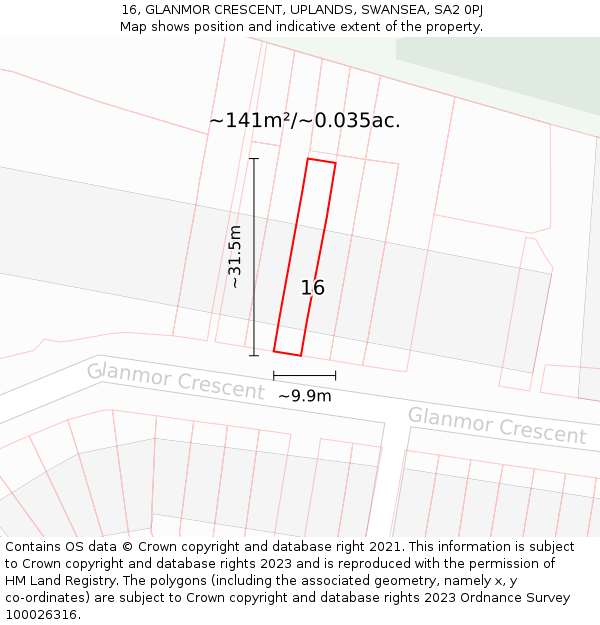 16, GLANMOR CRESCENT, UPLANDS, SWANSEA, SA2 0PJ: Plot and title map