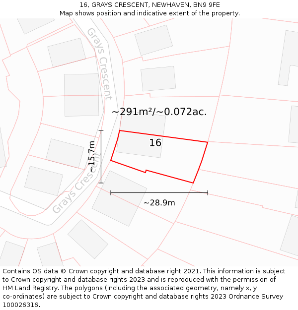 16, GRAYS CRESCENT, NEWHAVEN, BN9 9FE: Plot and title map