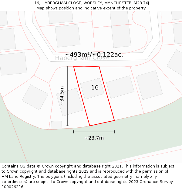 16, HABERGHAM CLOSE, WORSLEY, MANCHESTER, M28 7XJ: Plot and title map