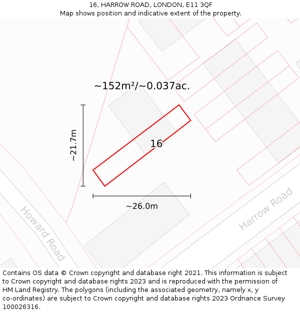 16, HARROW ROAD, LONDON, E11 3QF: Plot and title map
