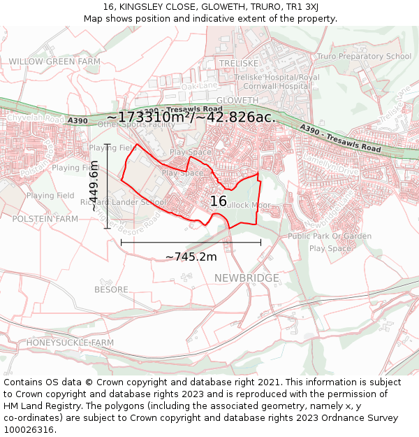 16, KINGSLEY CLOSE, GLOWETH, TRURO, TR1 3XJ: Plot and title map