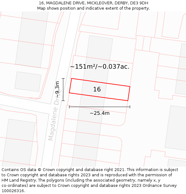 16, MAGDALENE DRIVE, MICKLEOVER, DERBY, DE3 9DH: Plot and title map