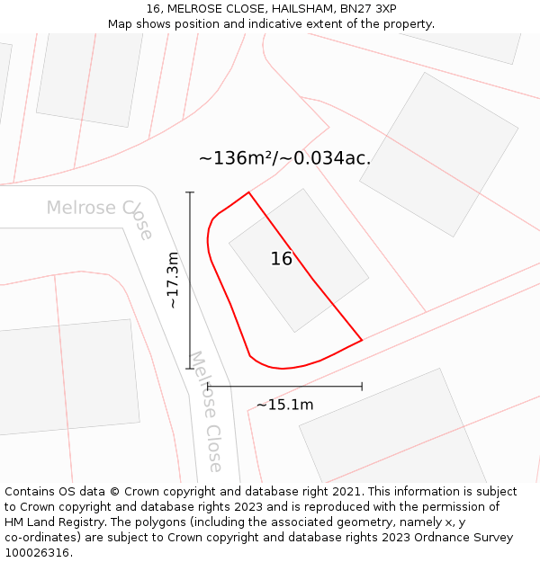 16, MELROSE CLOSE, HAILSHAM, BN27 3XP: Plot and title map