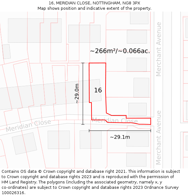 16, MERIDIAN CLOSE, NOTTINGHAM, NG8 3PX: Plot and title map