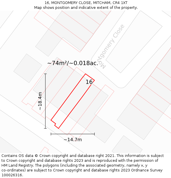 16, MONTGOMERY CLOSE, MITCHAM, CR4 1XT: Plot and title map