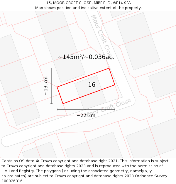 16, MOOR CROFT CLOSE, MIRFIELD, WF14 9FA: Plot and title map
