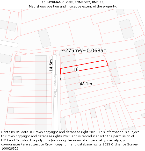 16, NORMAN CLOSE, ROMFORD, RM5 3EJ: Plot and title map
