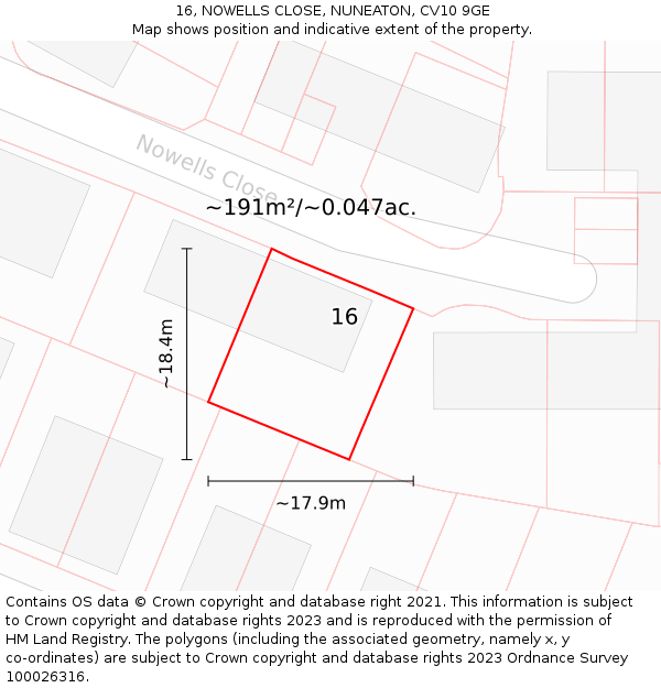 16, NOWELLS CLOSE, NUNEATON, CV10 9GE: Plot and title map