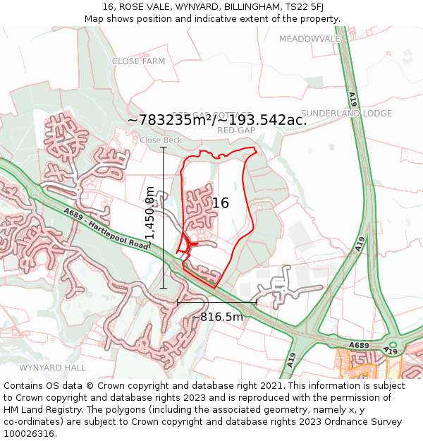 16, ROSE VALE, WYNYARD, BILLINGHAM, TS22 5FJ: Plot and title map
