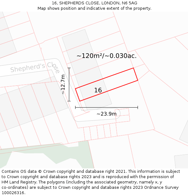 16, SHEPHERDS CLOSE, LONDON, N6 5AG: Plot and title map