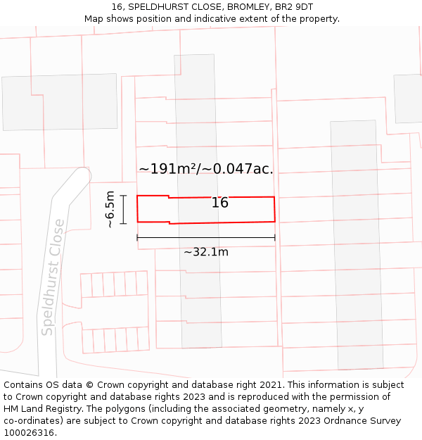 16, SPELDHURST CLOSE, BROMLEY, BR2 9DT: Plot and title map