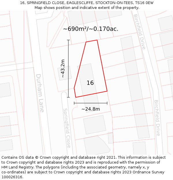 16, SPRINGFIELD CLOSE, EAGLESCLIFFE, STOCKTON-ON-TEES, TS16 0EW: Plot and title map