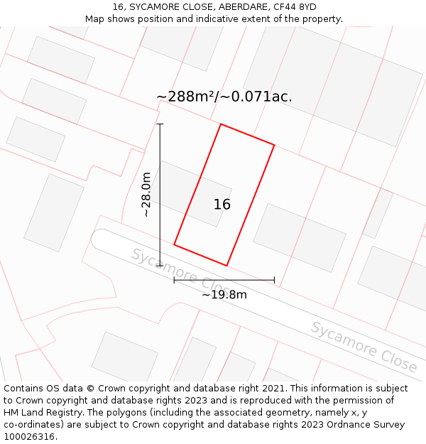16, SYCAMORE CLOSE, ABERDARE, CF44 8YD: Plot and title map