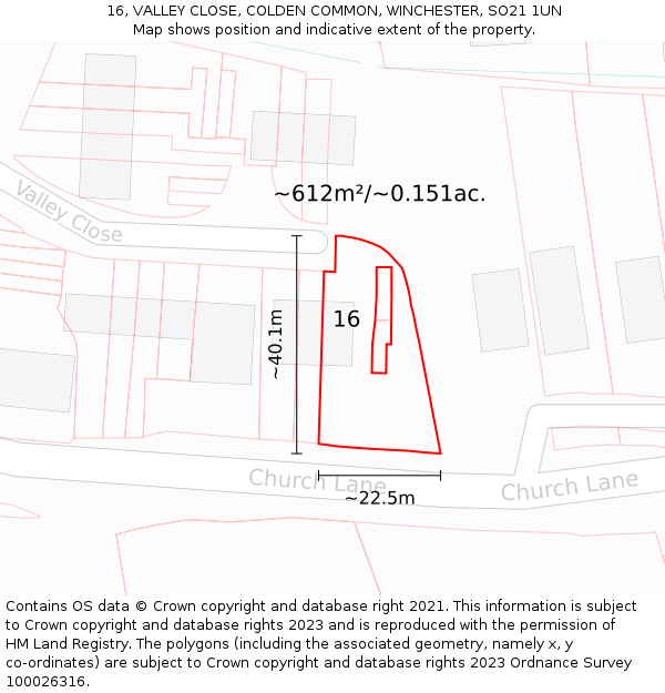 16, VALLEY CLOSE, COLDEN COMMON, WINCHESTER, SO21 1UN: Plot and title map