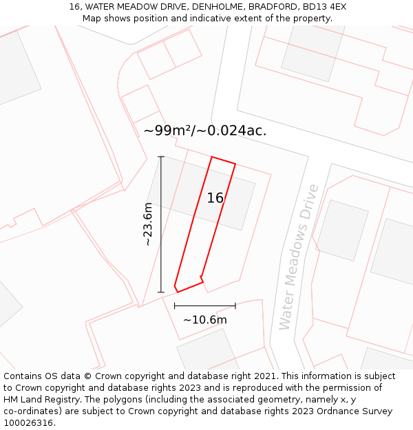 16, WATER MEADOW DRIVE, DENHOLME, BRADFORD, BD13 4EX: Plot and title map