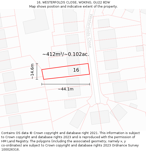 16, WESTERFOLDS CLOSE, WOKING, GU22 8DW: Plot and title map