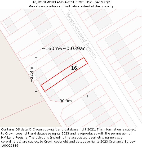 16, WESTMORELAND AVENUE, WELLING, DA16 2QD: Plot and title map