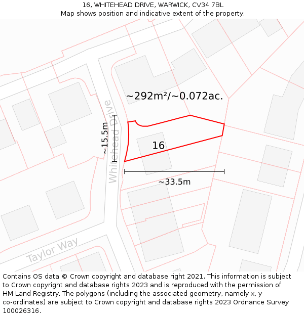 16, WHITEHEAD DRIVE, WARWICK, CV34 7BL: Plot and title map