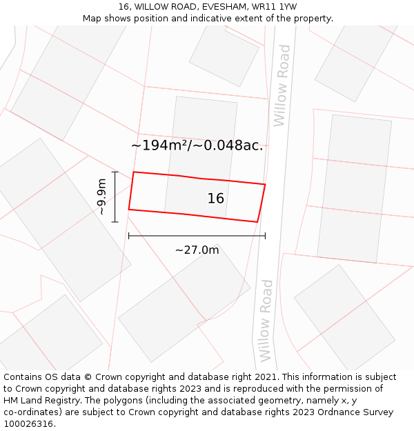 16, WILLOW ROAD, EVESHAM, WR11 1YW: Plot and title map