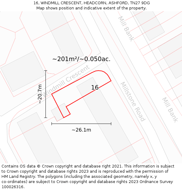 16, WINDMILL CRESCENT, HEADCORN, ASHFORD, TN27 9DG: Plot and title map