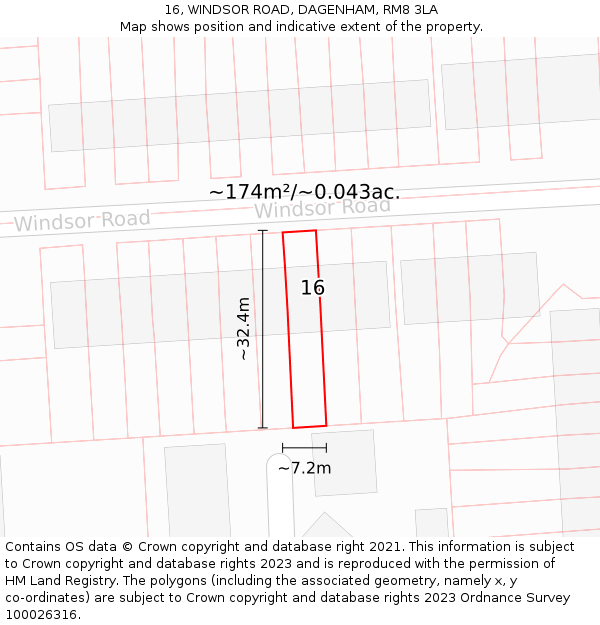16, WINDSOR ROAD, DAGENHAM, RM8 3LA: Plot and title map