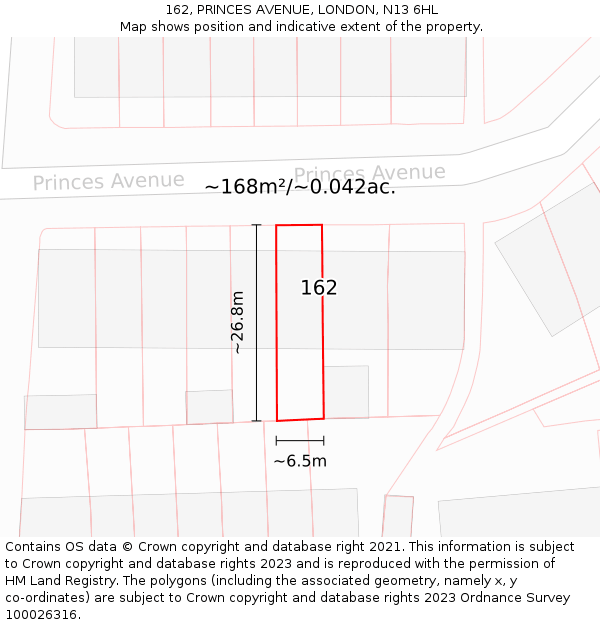 162, PRINCES AVENUE, LONDON, N13 6HL: Plot and title map