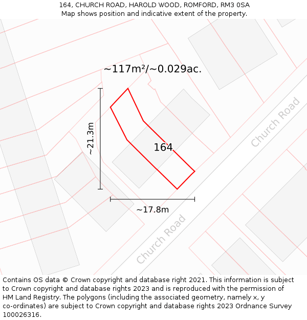 164, CHURCH ROAD, HAROLD WOOD, ROMFORD, RM3 0SA: Plot and title map