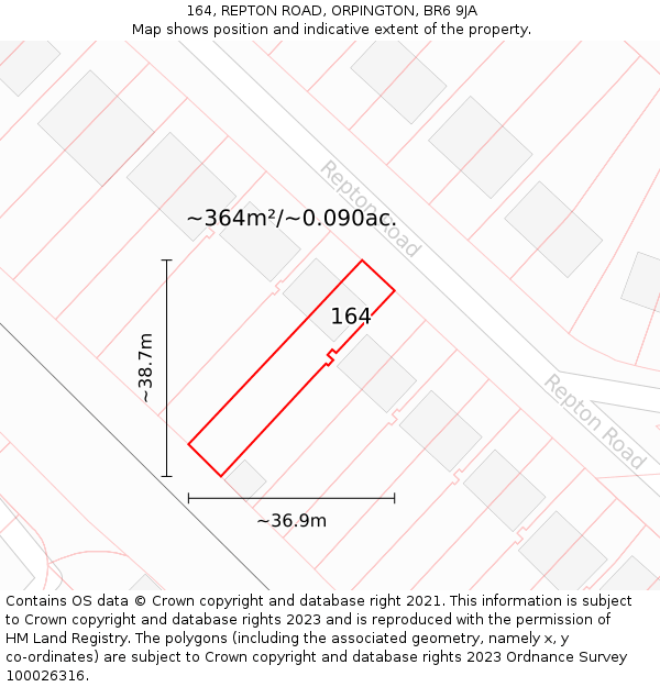 164, REPTON ROAD, ORPINGTON, BR6 9JA: Plot and title map