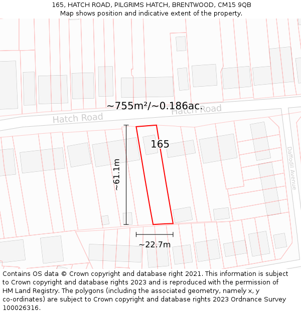 165, HATCH ROAD, PILGRIMS HATCH, BRENTWOOD, CM15 9QB: Plot and title map