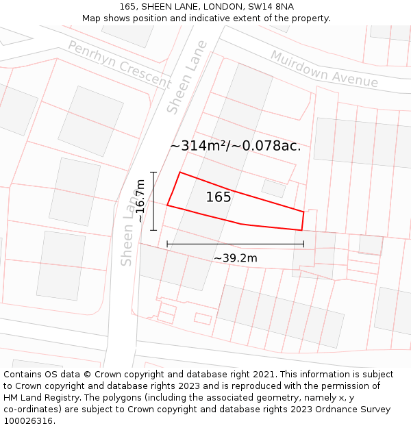 165, SHEEN LANE, LONDON, SW14 8NA: Plot and title map