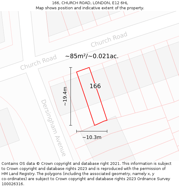 166, CHURCH ROAD, LONDON, E12 6HL: Plot and title map