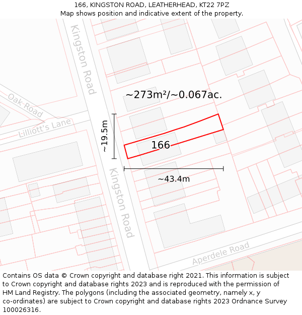 166, KINGSTON ROAD, LEATHERHEAD, KT22 7PZ: Plot and title map