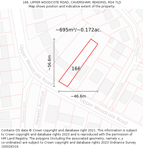 166, UPPER WOODCOTE ROAD, CAVERSHAM, READING, RG4 7LD: Plot and title map