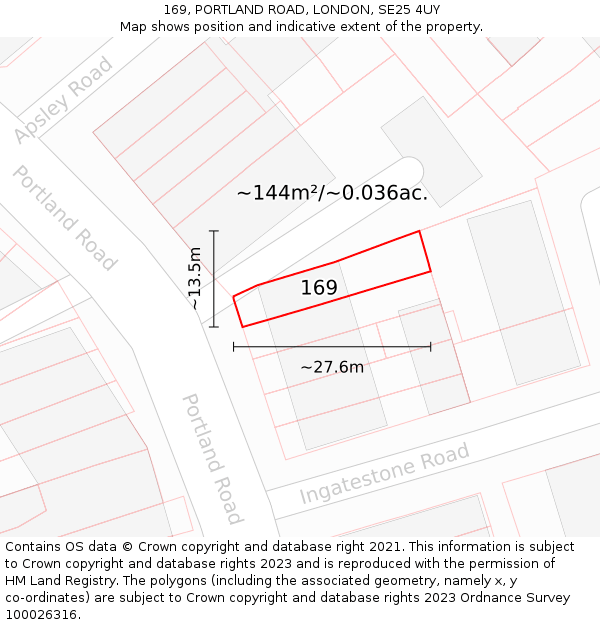 169, PORTLAND ROAD, LONDON, SE25 4UY: Plot and title map