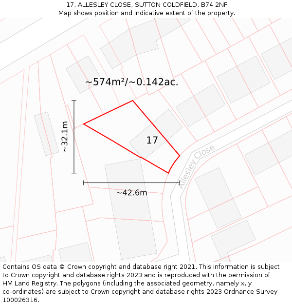 17, ALLESLEY CLOSE, SUTTON COLDFIELD, B74 2NF: Plot and title map