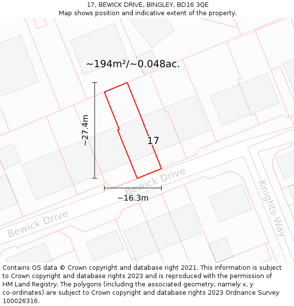 17, BEWICK DRIVE, BINGLEY, BD16 3QE: Plot and title map
