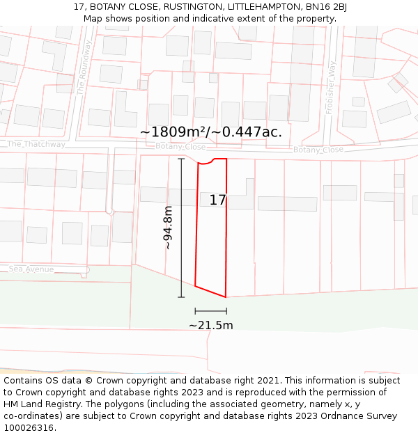 17, BOTANY CLOSE, RUSTINGTON, LITTLEHAMPTON, BN16 2BJ: Plot and title map