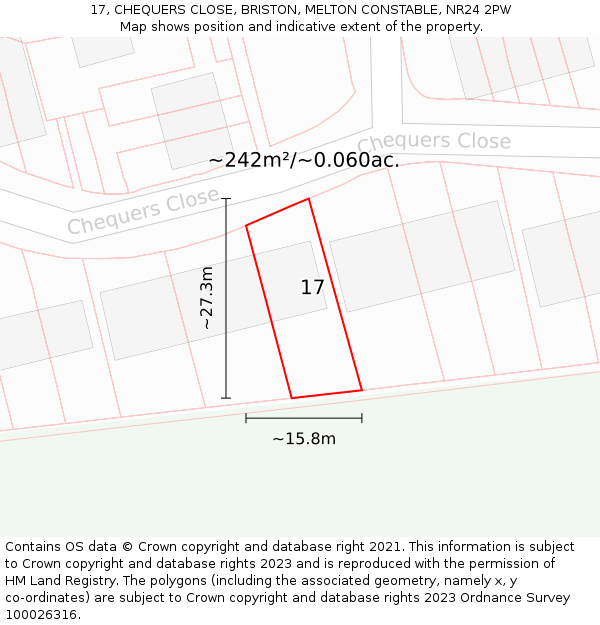 17, CHEQUERS CLOSE, BRISTON, MELTON CONSTABLE, NR24 2PW: Plot and title map