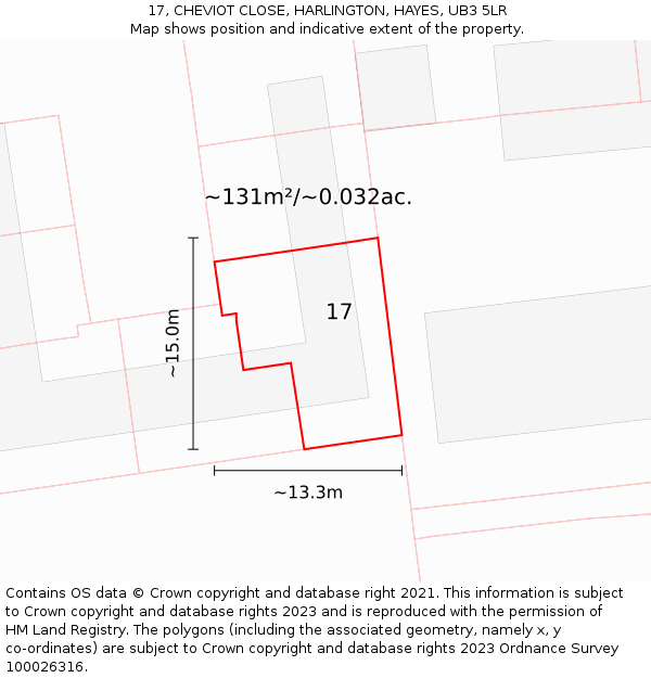 17, CHEVIOT CLOSE, HARLINGTON, HAYES, UB3 5LR: Plot and title map