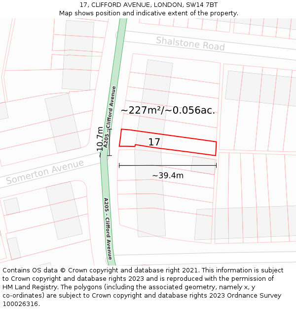 17, CLIFFORD AVENUE, LONDON, SW14 7BT: Plot and title map