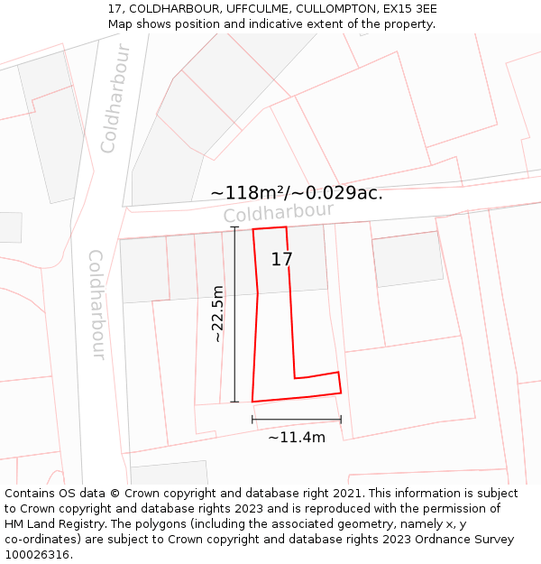 17, COLDHARBOUR, UFFCULME, CULLOMPTON, EX15 3EE: Plot and title map