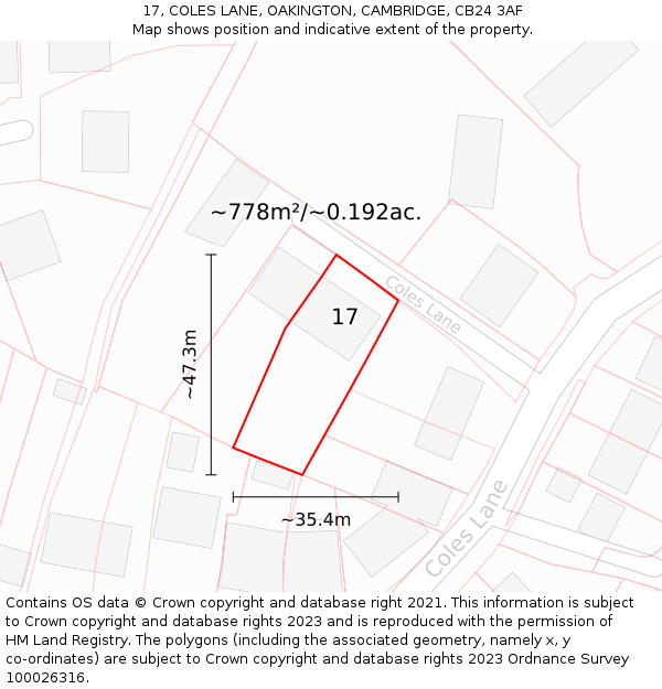 17, COLES LANE, OAKINGTON, CAMBRIDGE, CB24 3AF: Plot and title map