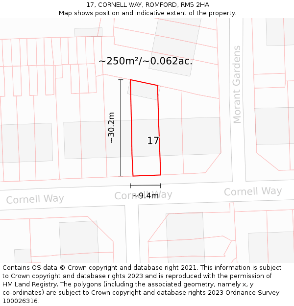 17, CORNELL WAY, ROMFORD, RM5 2HA: Plot and title map