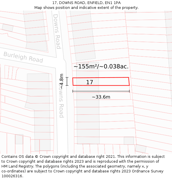 17, DOWNS ROAD, ENFIELD, EN1 1PA: Plot and title map
