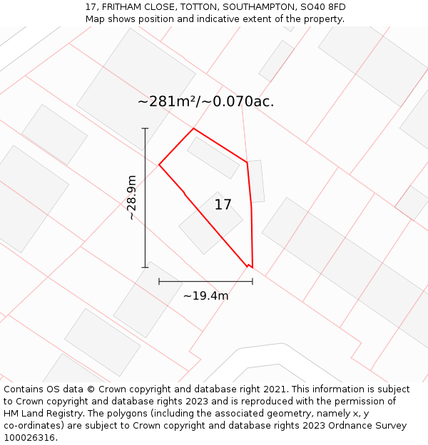 17, FRITHAM CLOSE, TOTTON, SOUTHAMPTON, SO40 8FD: Plot and title map